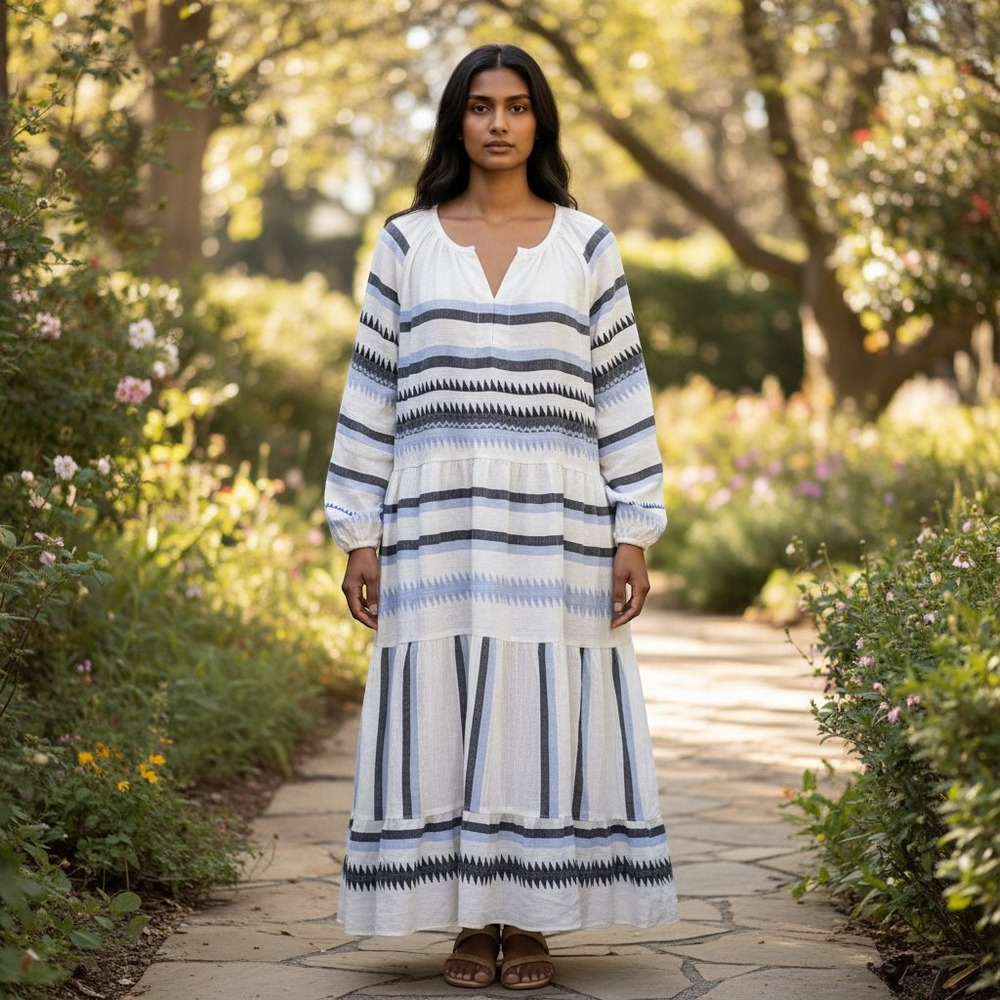 Lemlem NWT SZ Large Aster long tier dress in steel blue fringe hem